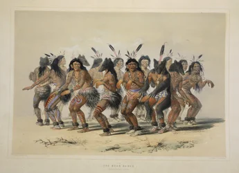 Der Bärentanz, aus Catlins Nordamerikanisches Indianer-Portfolio. Jagdszenen und Vergnügungen der Rocky Mountains und Prärien Amerikas, veröffentlicht 1845
